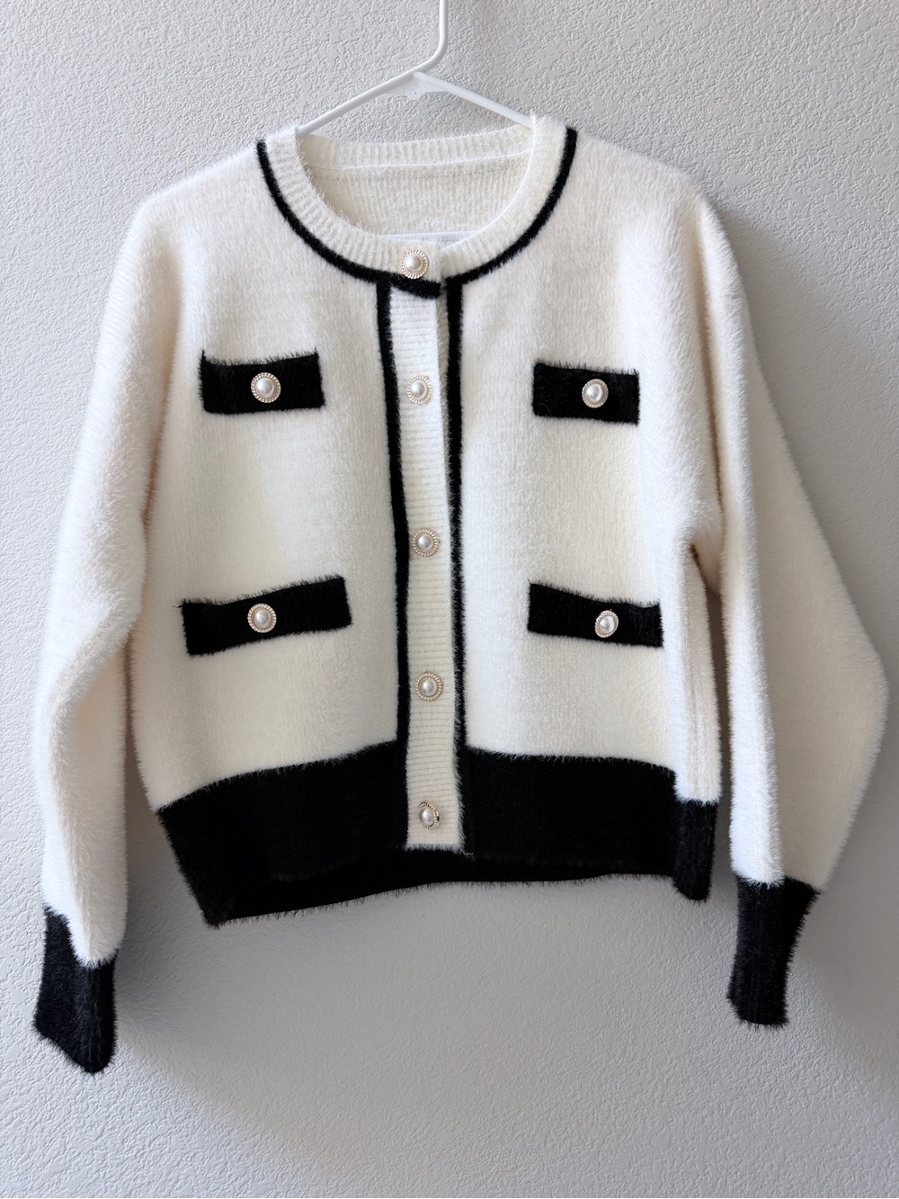 MADE IN KOREA Classic Crewneck Contrast Trim Cardigan Sweater - White/Black
